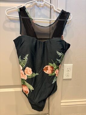 Floral One-Piece Swimsuit in Dark Green with Pink Roses